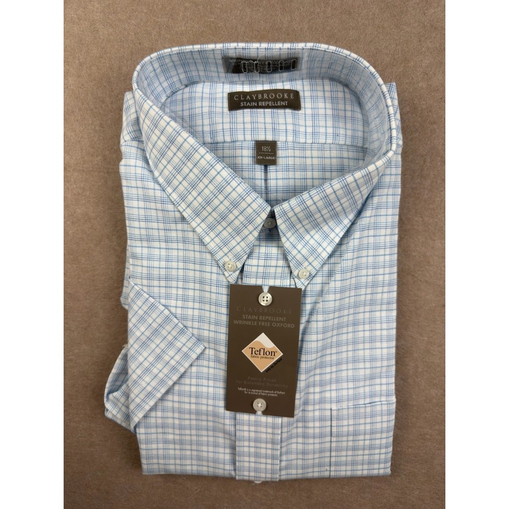 Claybrooke‎ Mens 18.5 XXL Blue Plaid Oxford Dress Shirt Wrinkle Free Teflon NWT